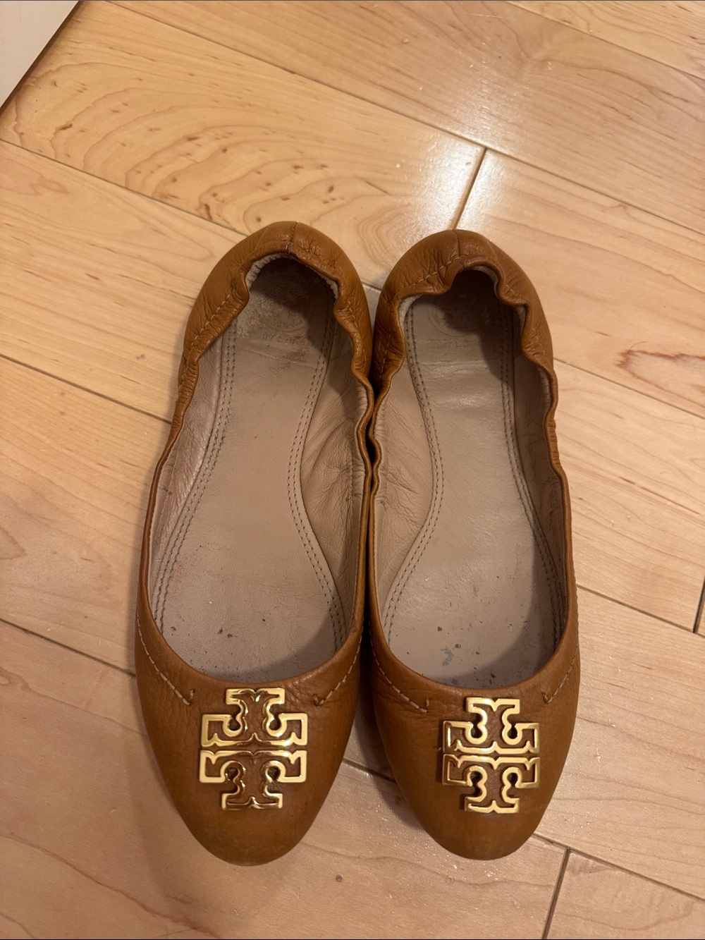 Tory Burch Tan Leather Logo Ballet Flats with Gold Emblem